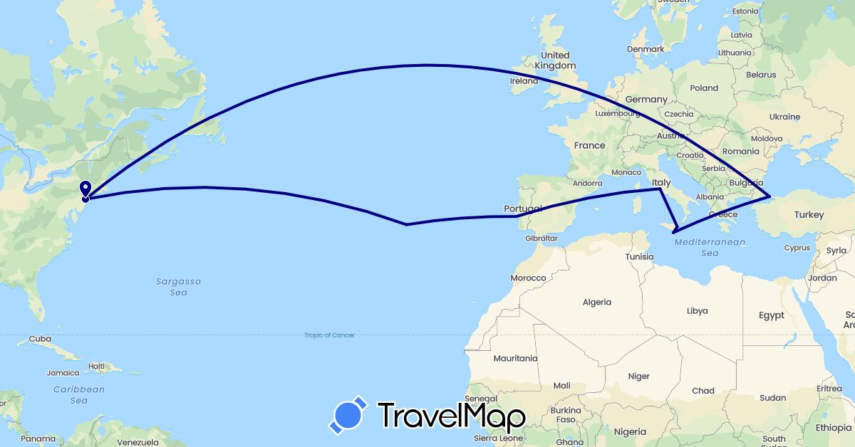 TravelMap itinerary: driving in Italy, Portugal, Turkey, United States (Asia, Europe, North America)